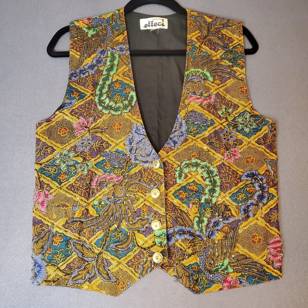 Vintage‎ 80s Effect Heavily Beaded Floral Impressionist M Vest Gold Button Front